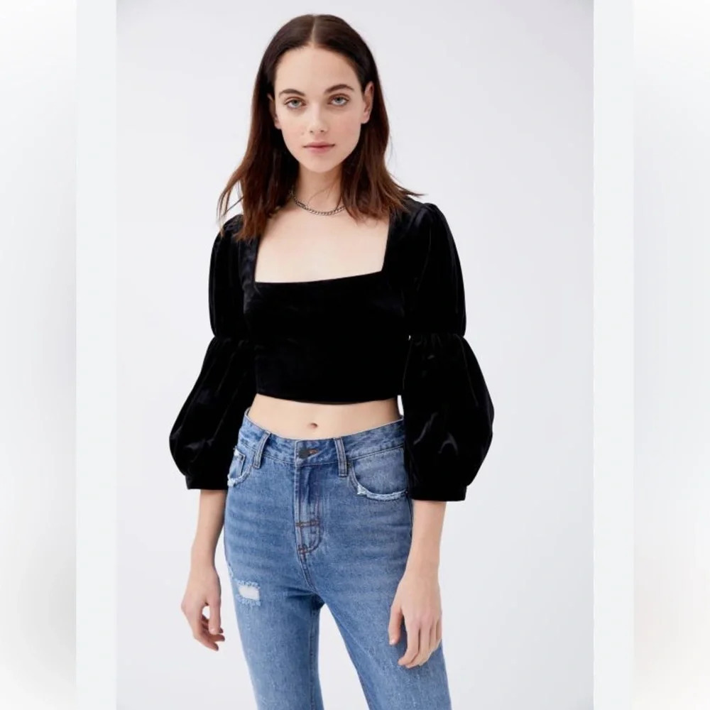 Urban Outfitters Black Collette Velvet Square Neck Blouse